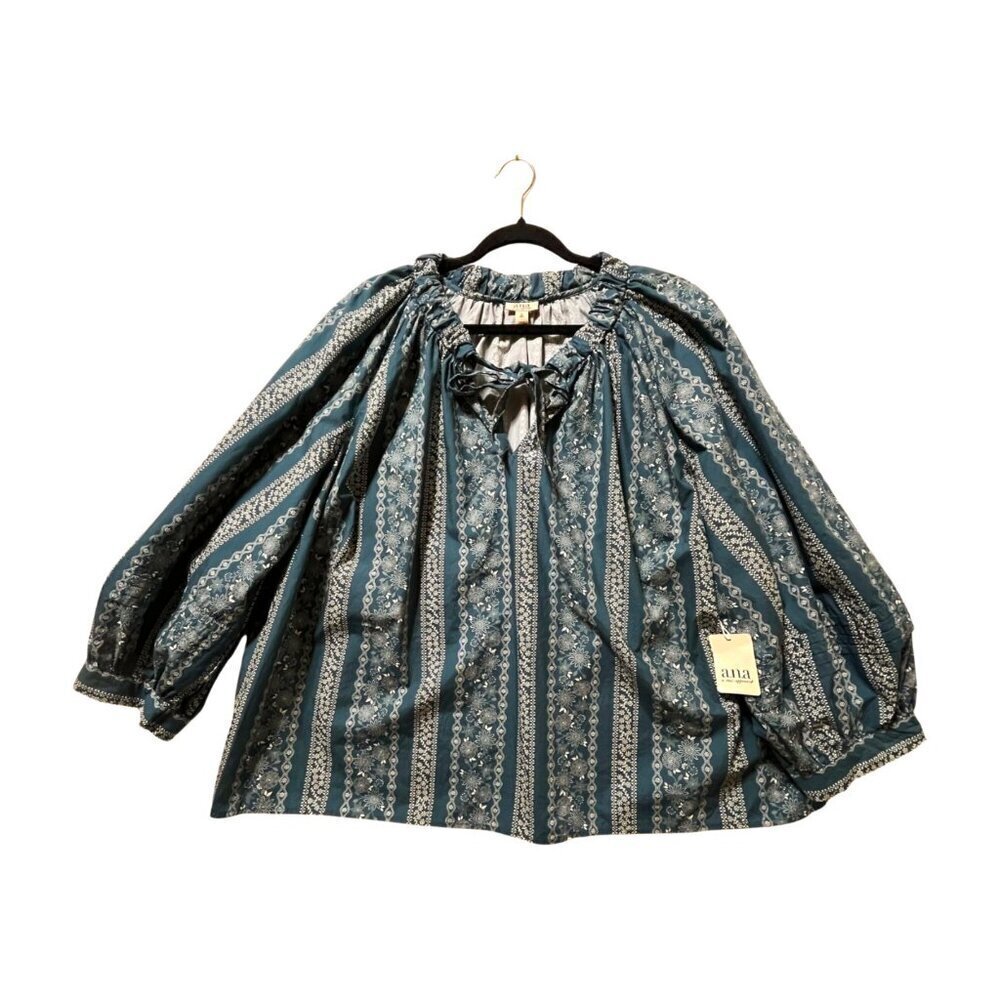 A.N.A. Women's Blouse Long Sleeve Peasant Blue Cream Floral Boho Size 3X Woman